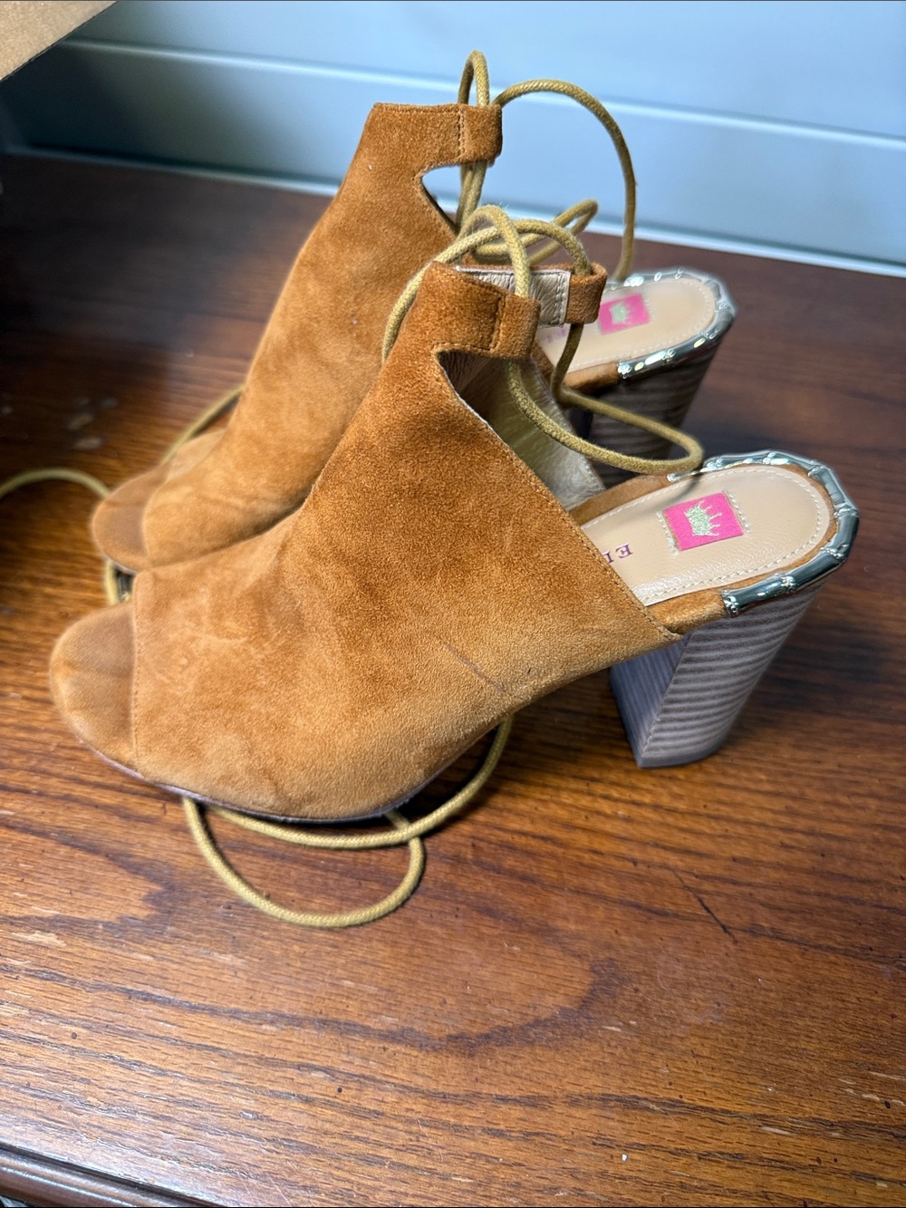 Elaine Turner Rust Suede Lace-Up Peep-Toe Block Heel Sandals with Bamboo